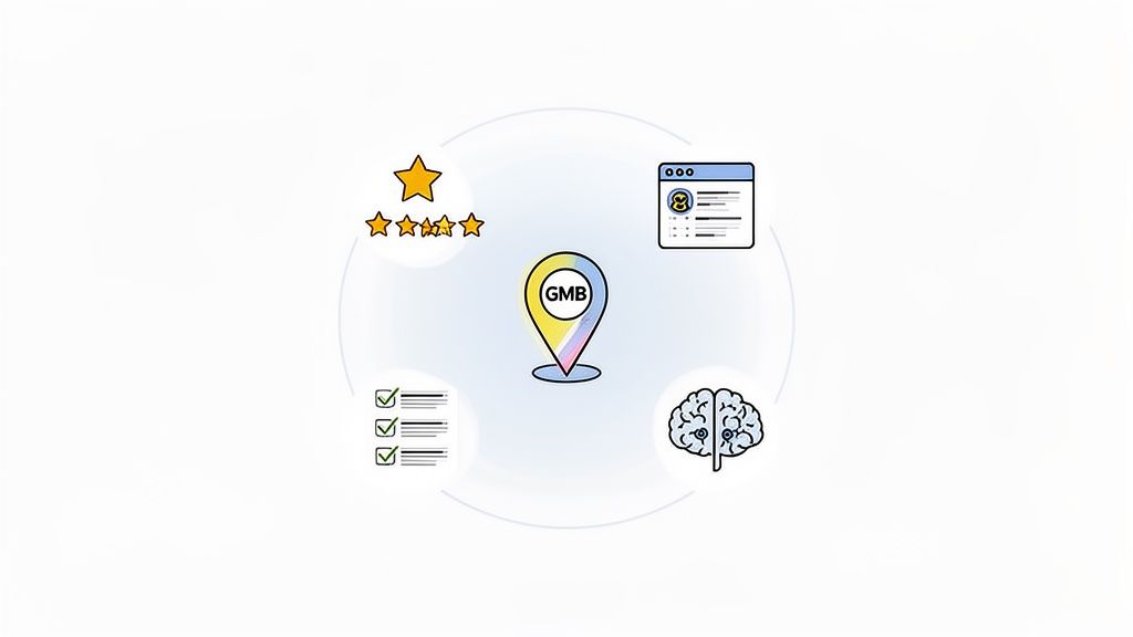 An illustration showcasing Google My Business (GMB) with icons for reviews, profile, checklist, and intelligence.