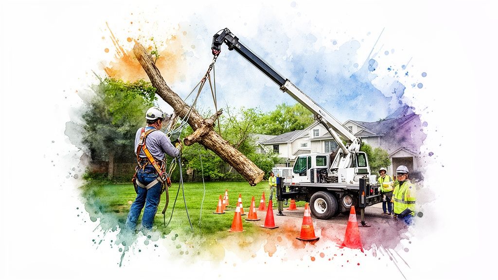Arborists in safety gear use a crane truck to lift a large tree trunk from a residential yard.