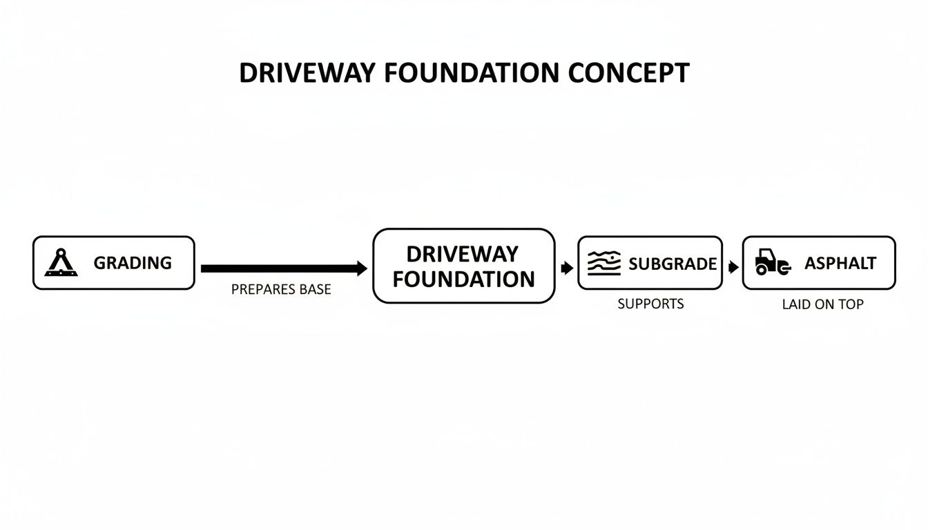 A flowchart showing the driveway foundation concept: Grading prepares base for Driveway Foundation, which Supports Subgrade, and then Asphalt is Laid On Top.