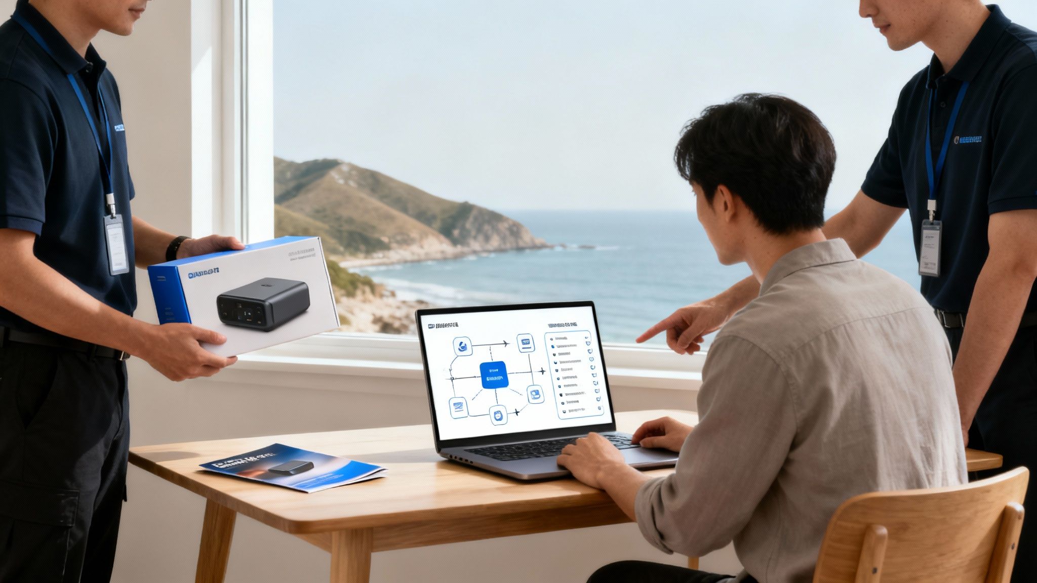 IT professionals deliver a new device and explain a network diagram on a laptop to a client.