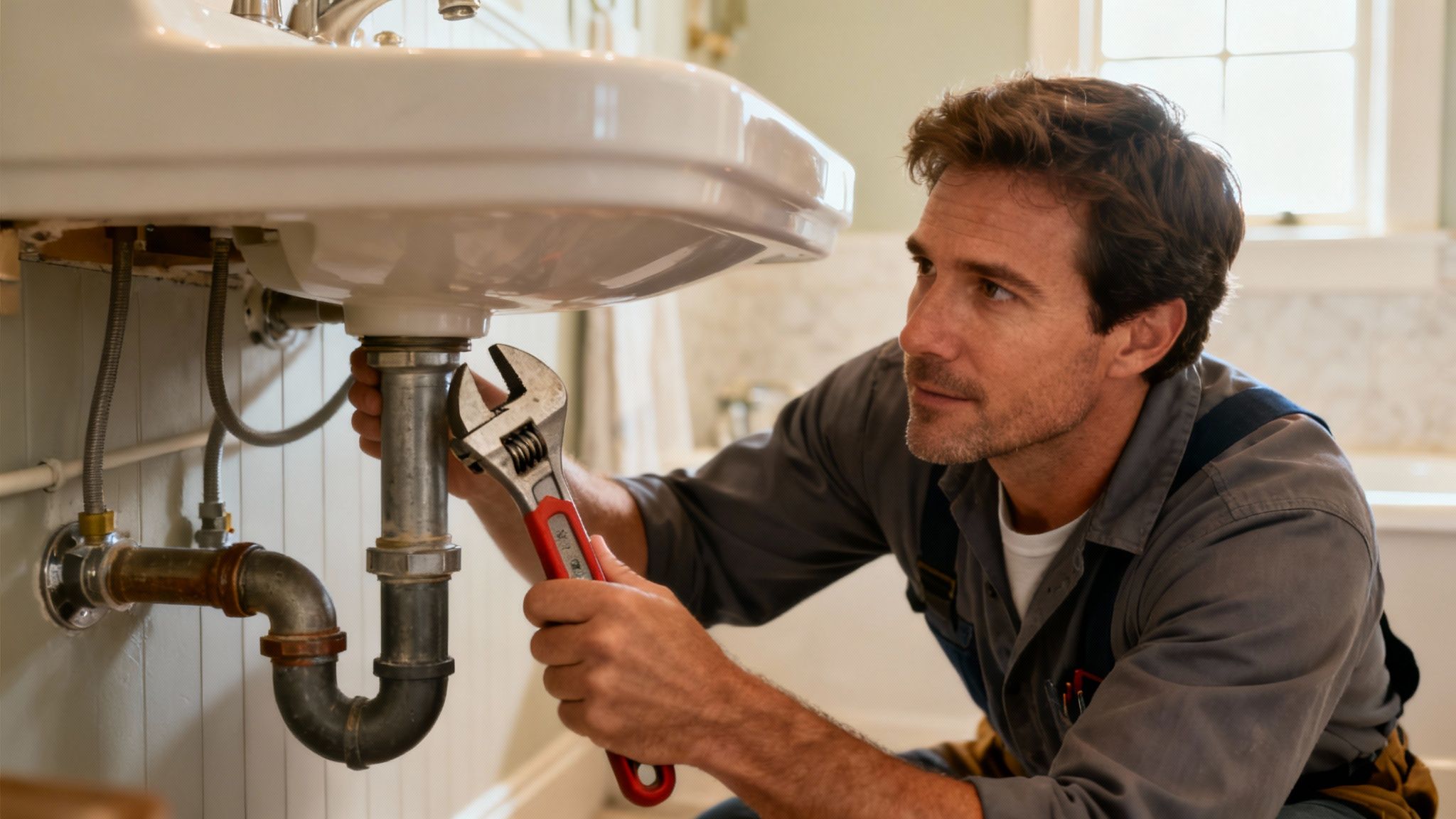 A plumber inspecting pipes under a kitchen sink with a flashlight