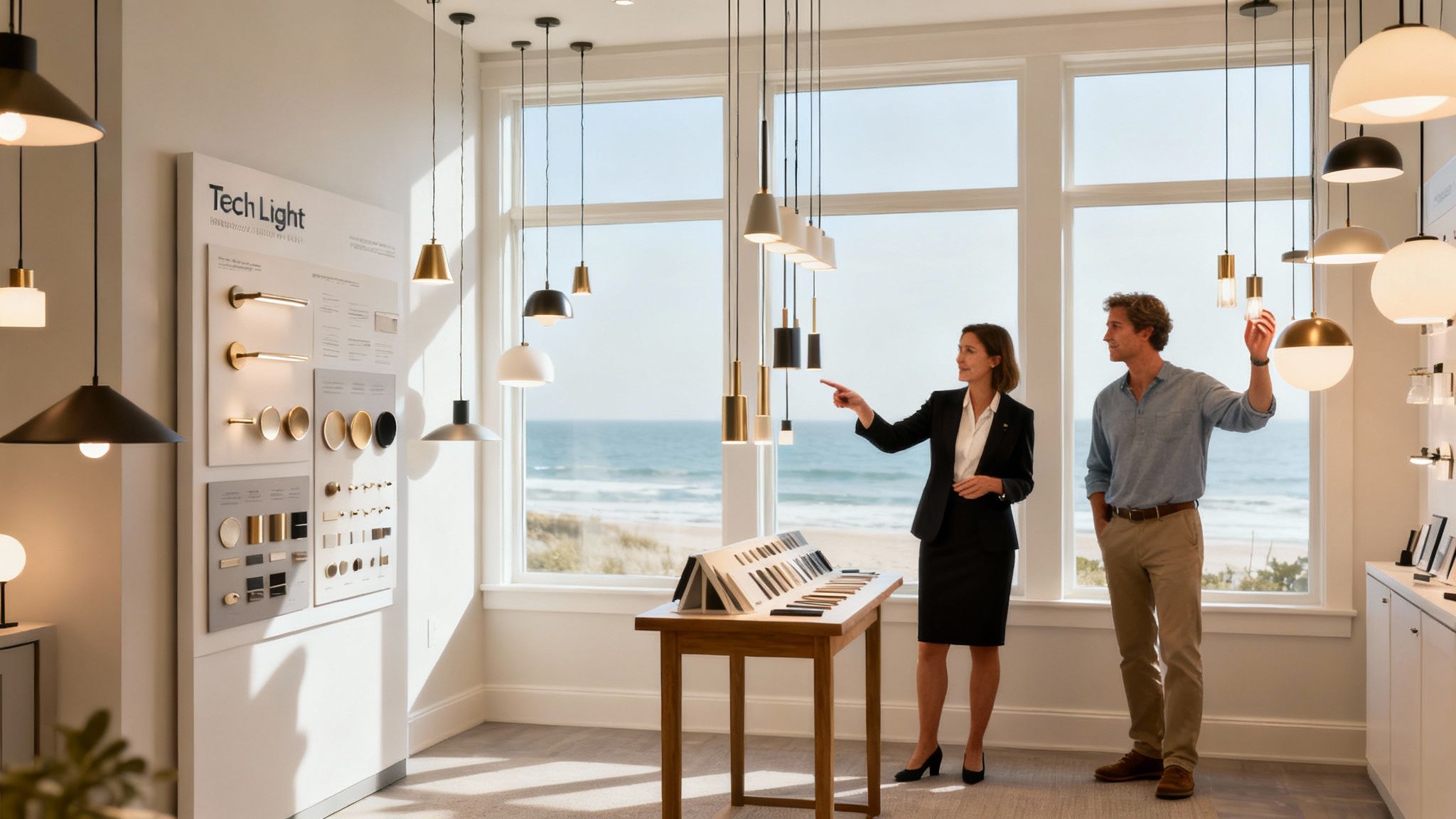 A well-lit, modern lighting showroom with various Tech Lighting fixtures on display, creating an inviting atmosphere.