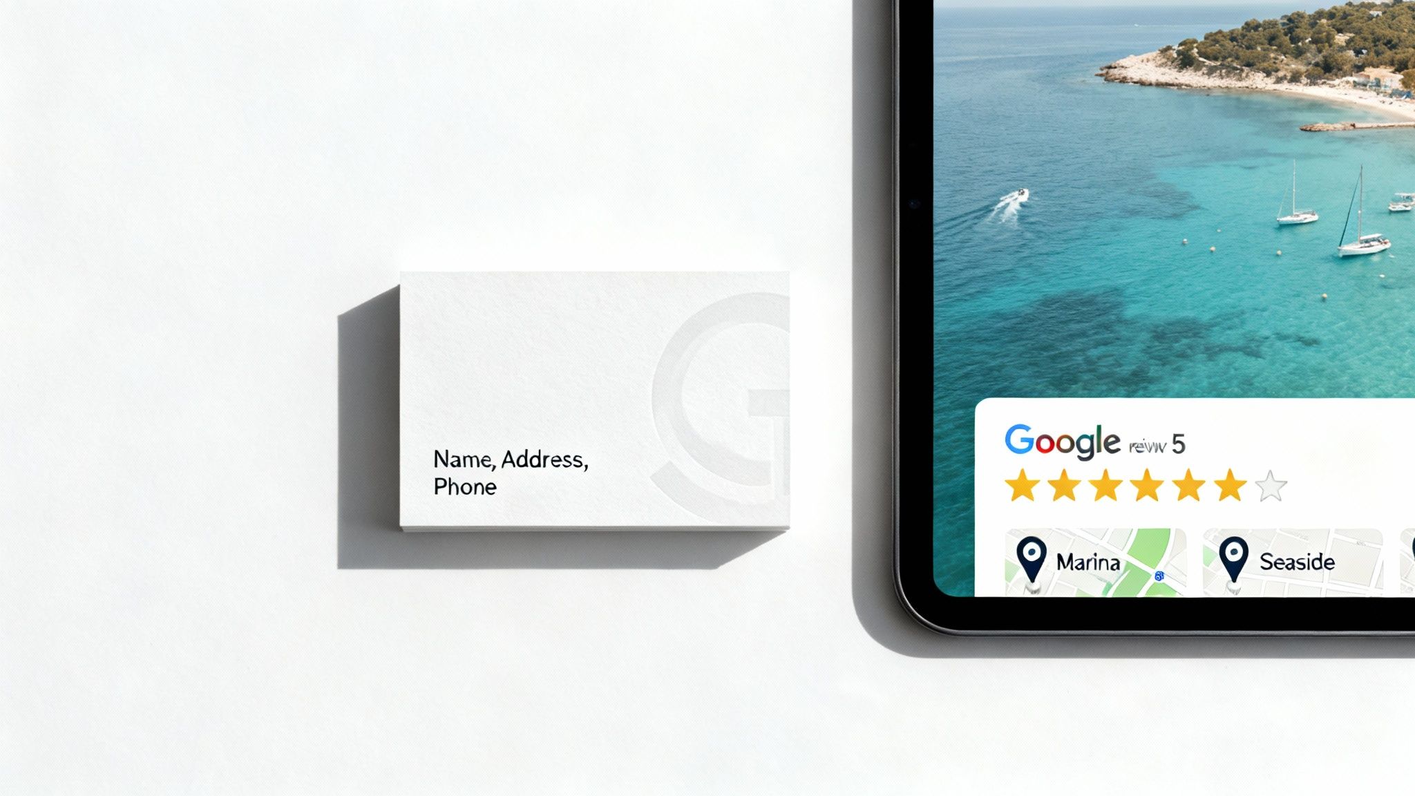 White business card next to a tablet displaying Google reviews, 4.5 stars, and map locations.
