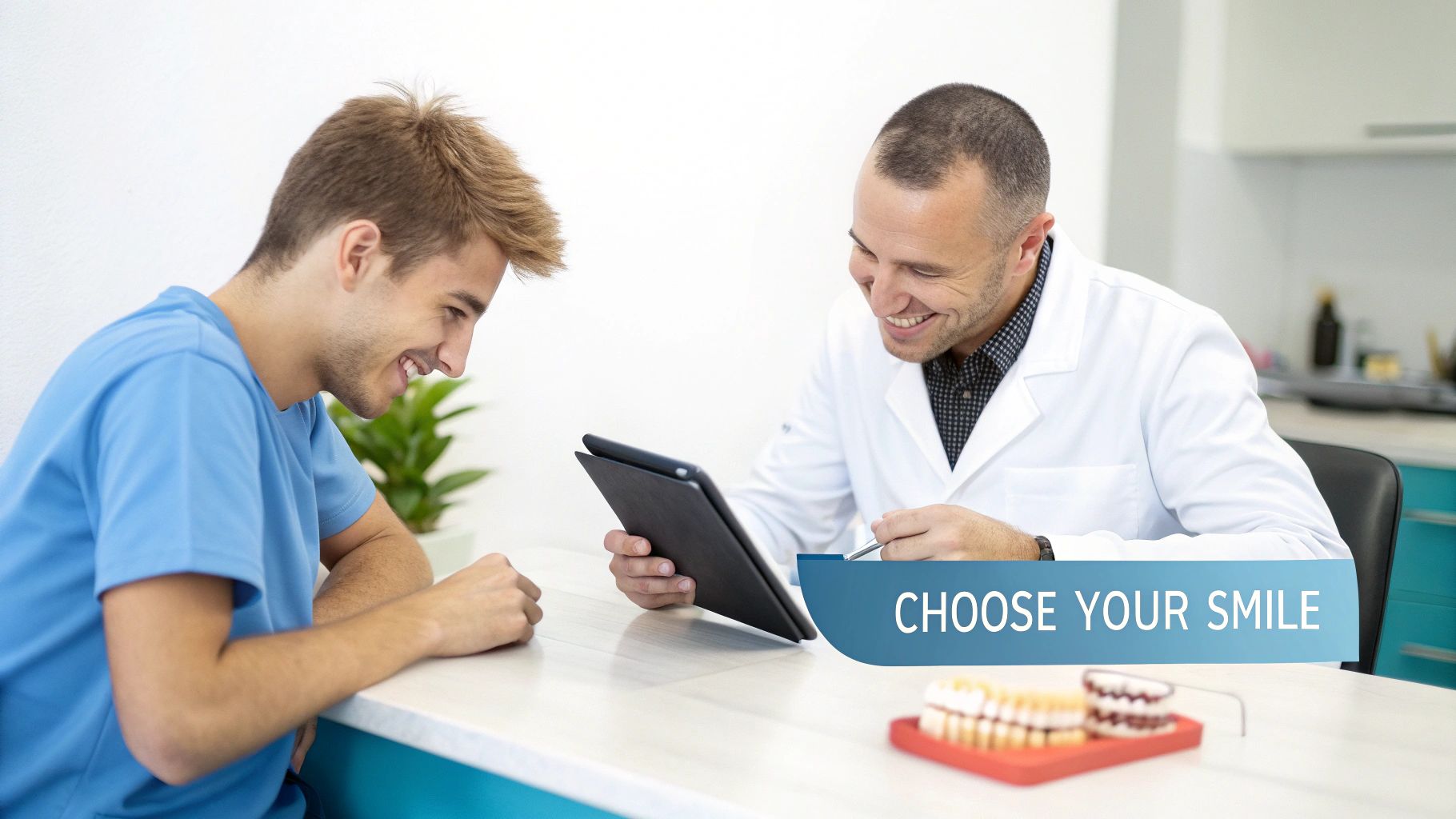 Dentist and young patient smiling while reviewing dental options on a tablet during a consultation.