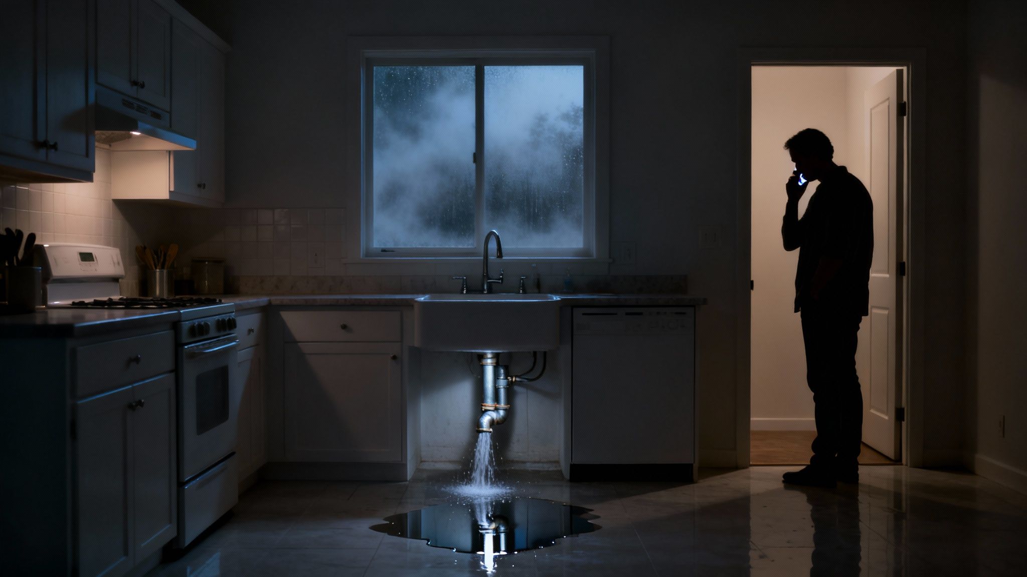 Man on phone in a dark kitchen, illuminated by a leaking sink creating a large puddle.