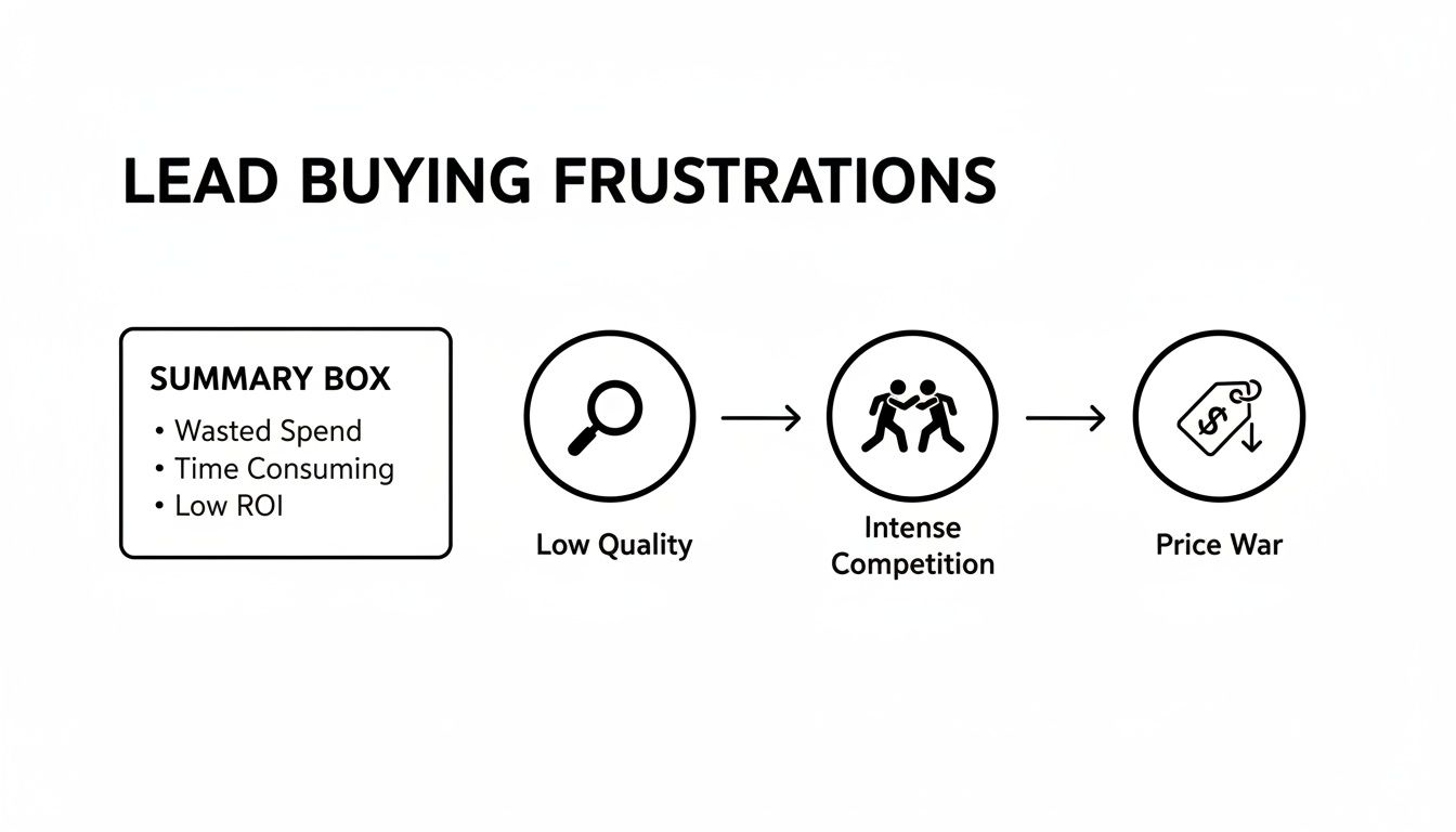 A diagram outlining lead buying frustrations, including low quality leads, intense competition, and price wars.
