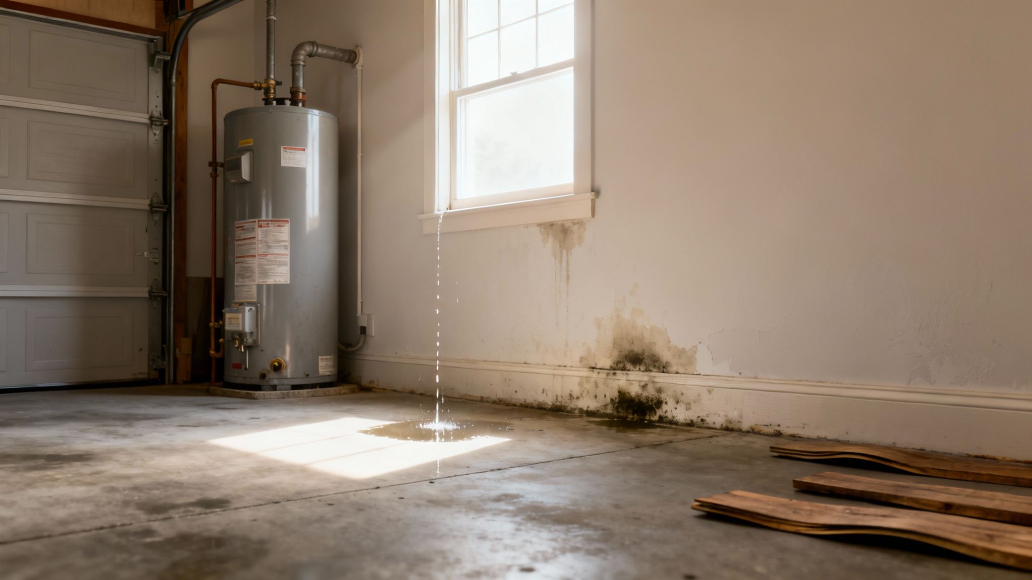 A garage wall with significant mold from a window water leak, with water dripping onto the concrete floor.