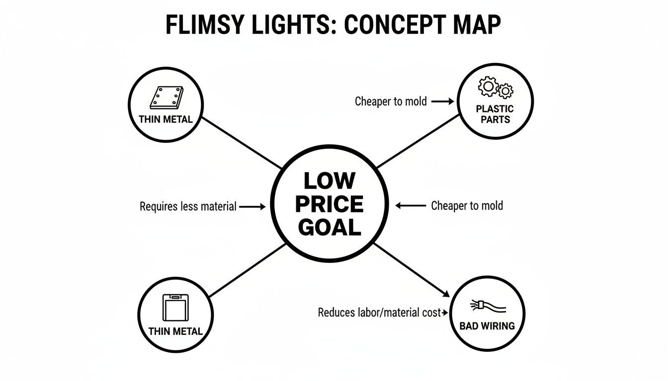 Concept map for Flimsy Lights showing a low price goal linked to thin metal, plastic parts, and bad wiring.