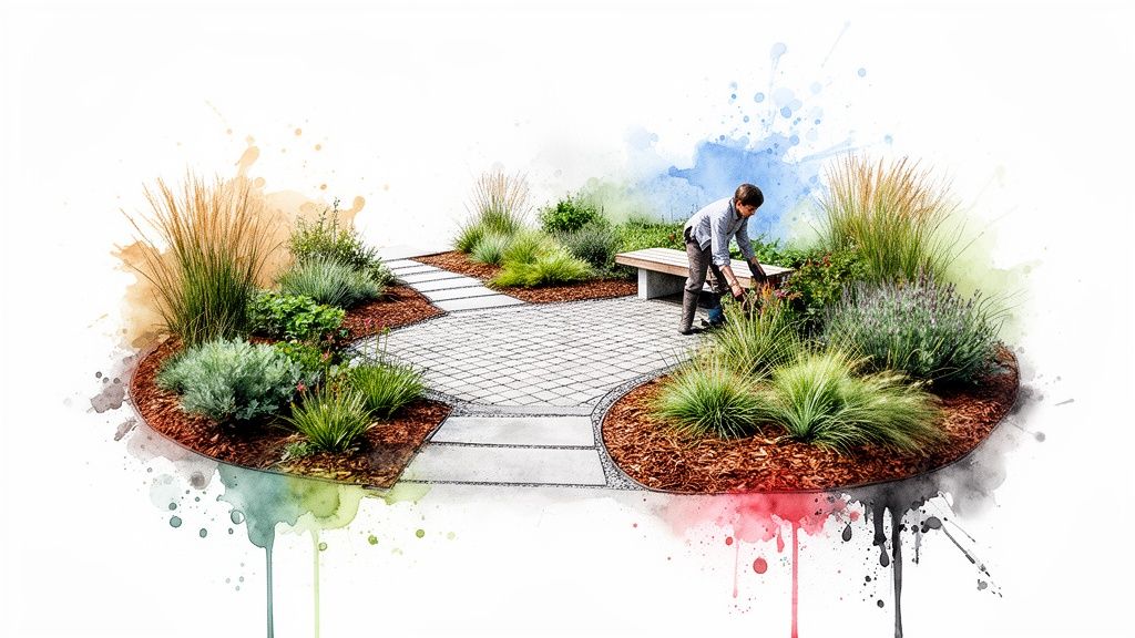 Watercolor illustration of a modern garden design with a person tending plants, stone path, and bench.