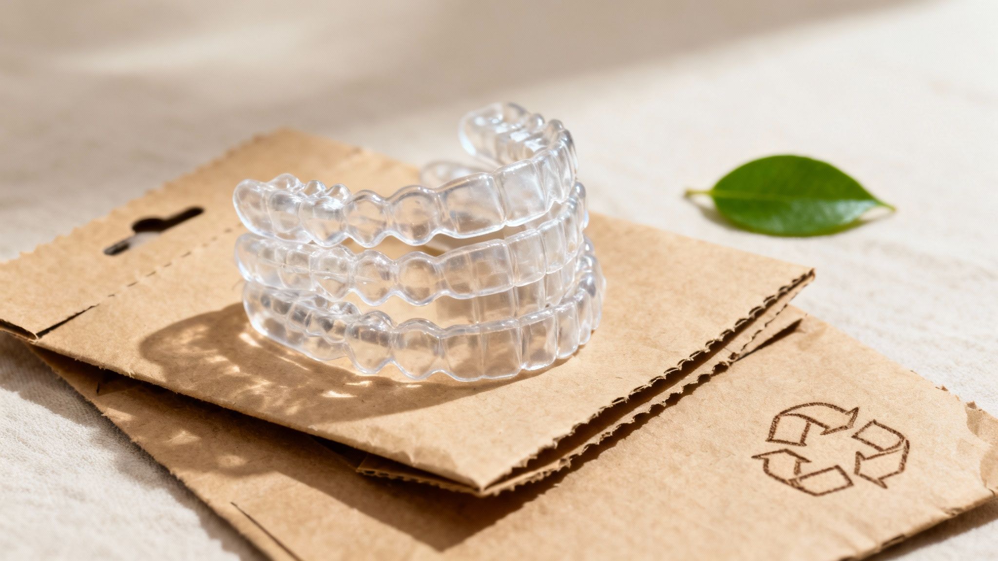Clear dental aligners on eco-friendly paper packaging with a recycling symbol and a green leaf.