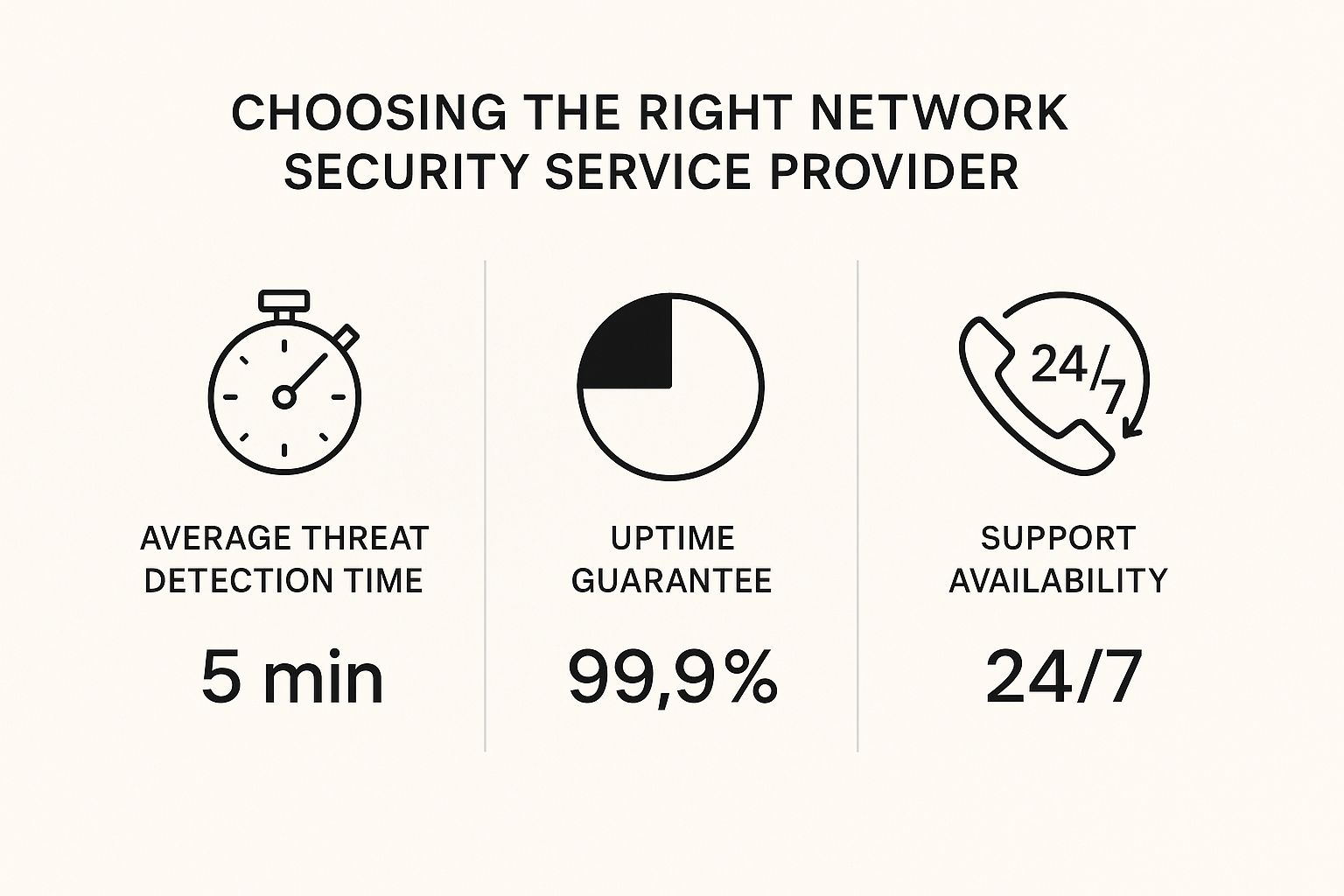 Infographic comparing key network security provider metrics: 5-minute average threat detection time, 99.9% uptime guarantee, and 24/7 support availability.