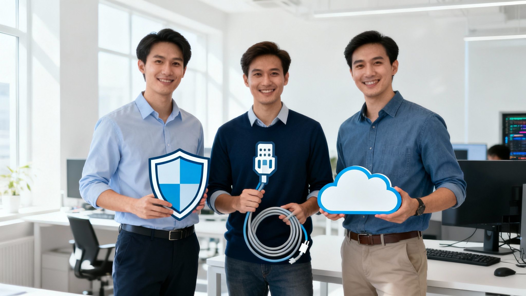 Smiling men hold shield, ethernet cable, and cloud icons, representing <a href=