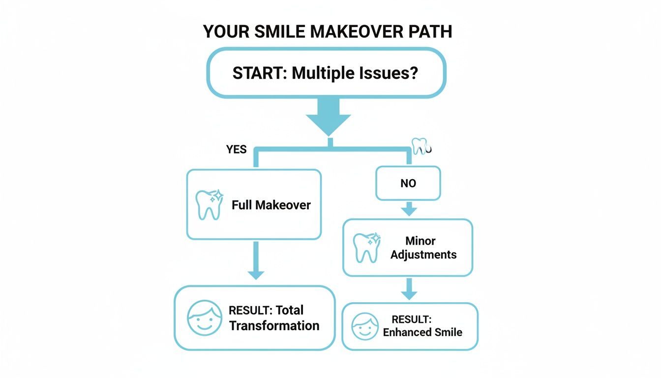 Flowchart illustrating smile makeover options based on multiple issues for total transformation or minor adjustments for enhanced smile.