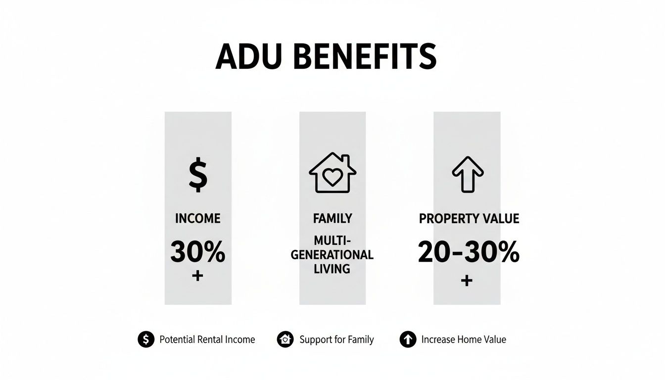 Infographic showing ADU benefits: potential income, multi-generational living, and increased property value.