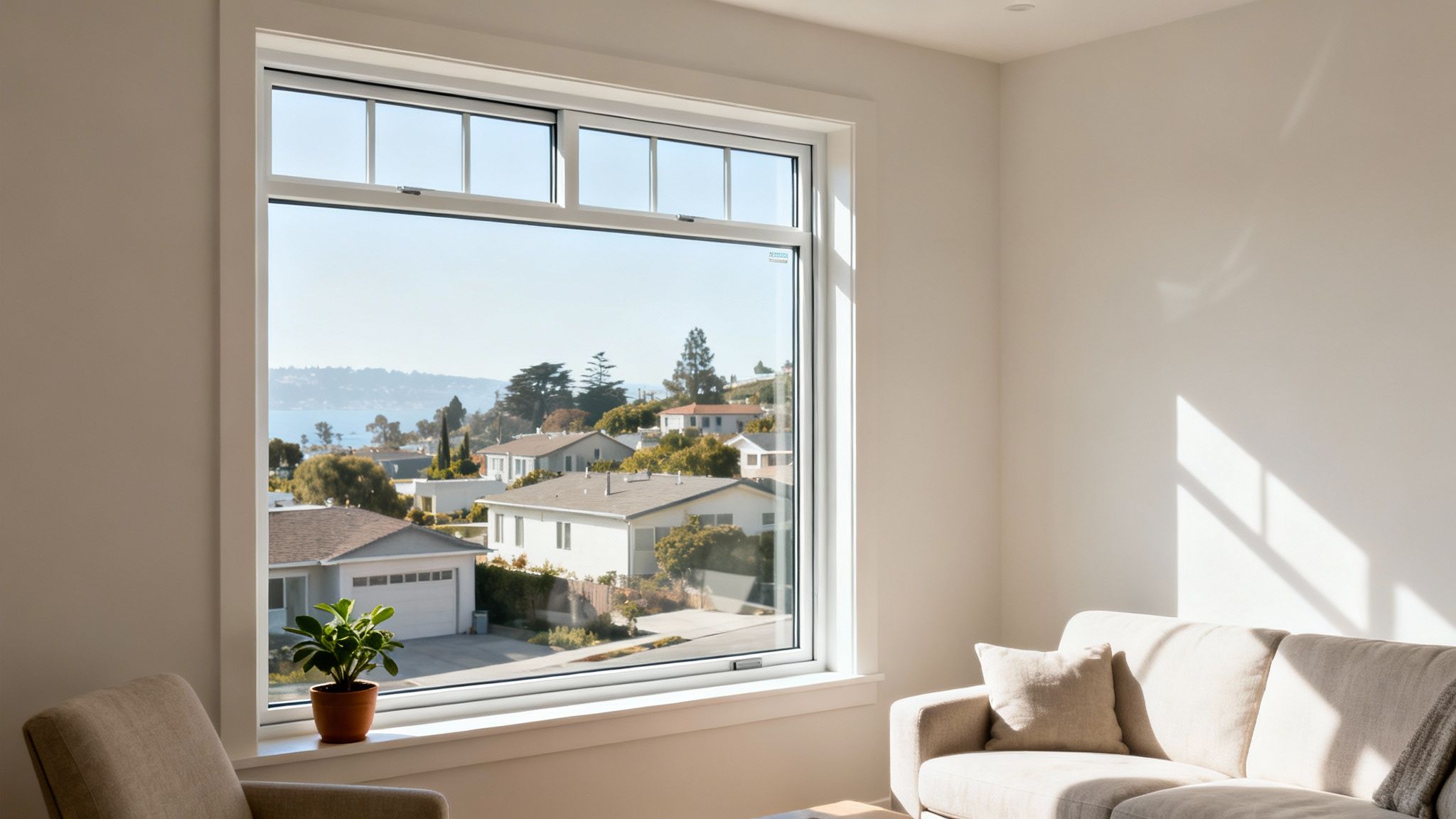 A bright living room with a large, energy-efficient window overlooking a Bay Area town and bay.