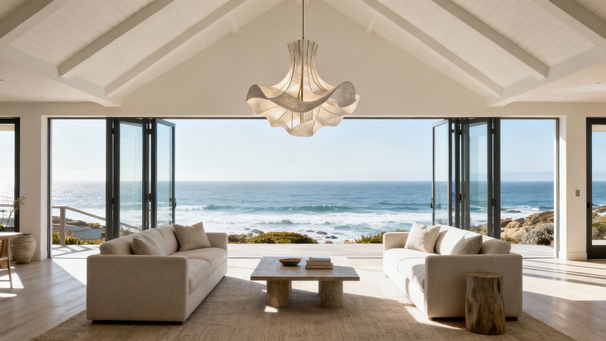 A luxurious coastal living room with a large, sculptural statement chandelier over the seating area.