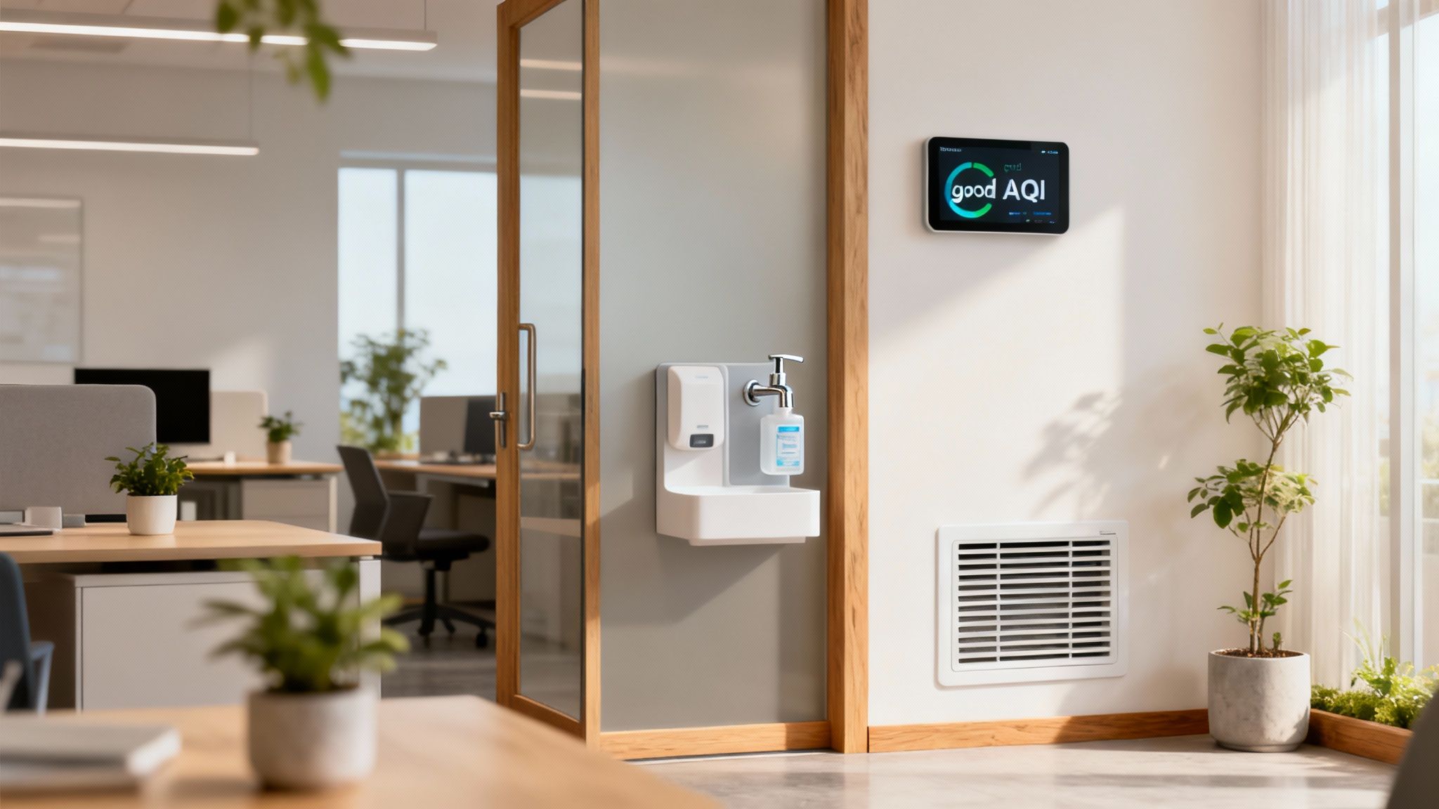 A clean, modern office with a hand sanitizing station, air quality monitor, and green plants.