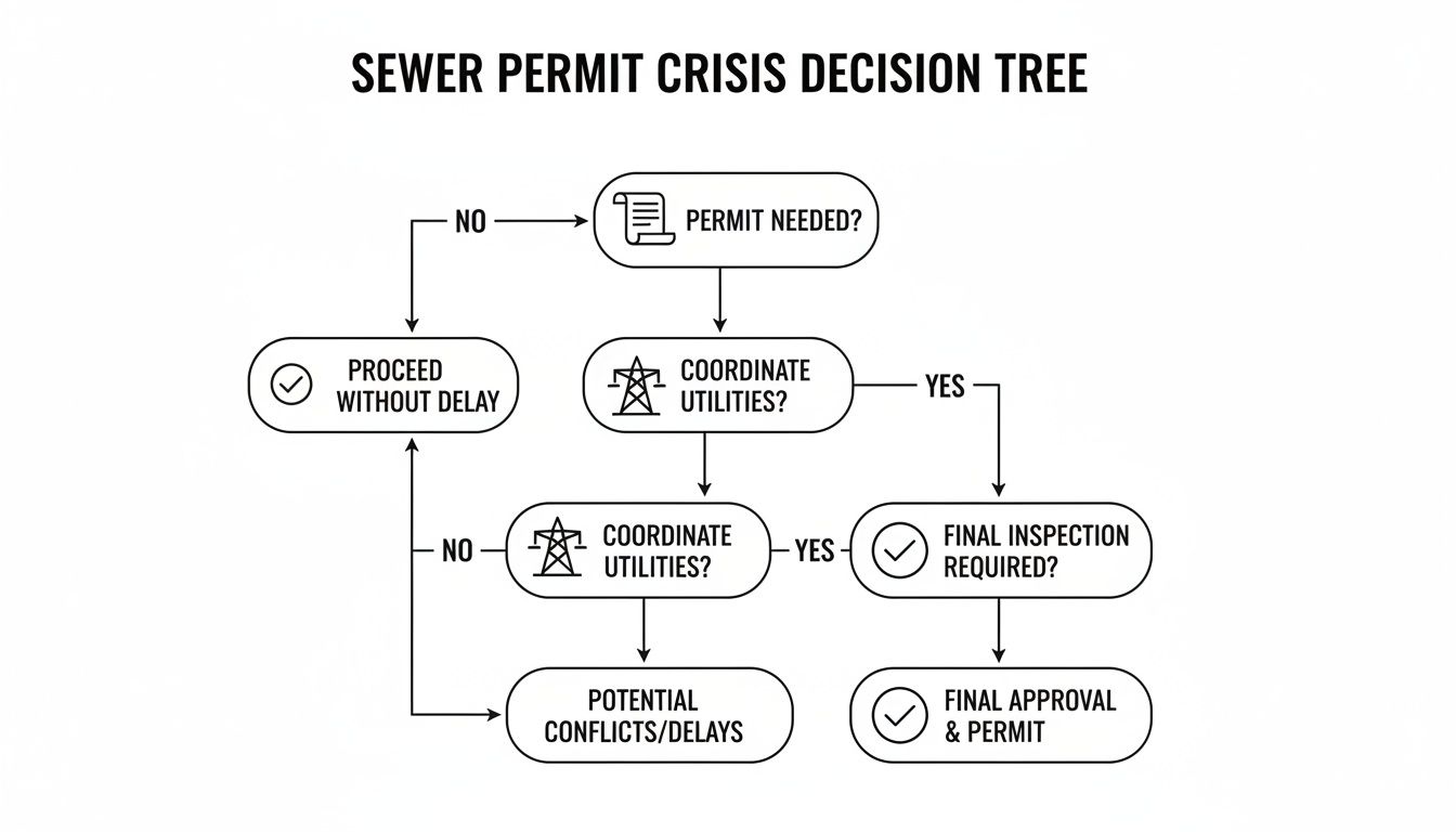 A decision tree flowchart for sewer permit crisis management, outlining steps for permit approval or delays.