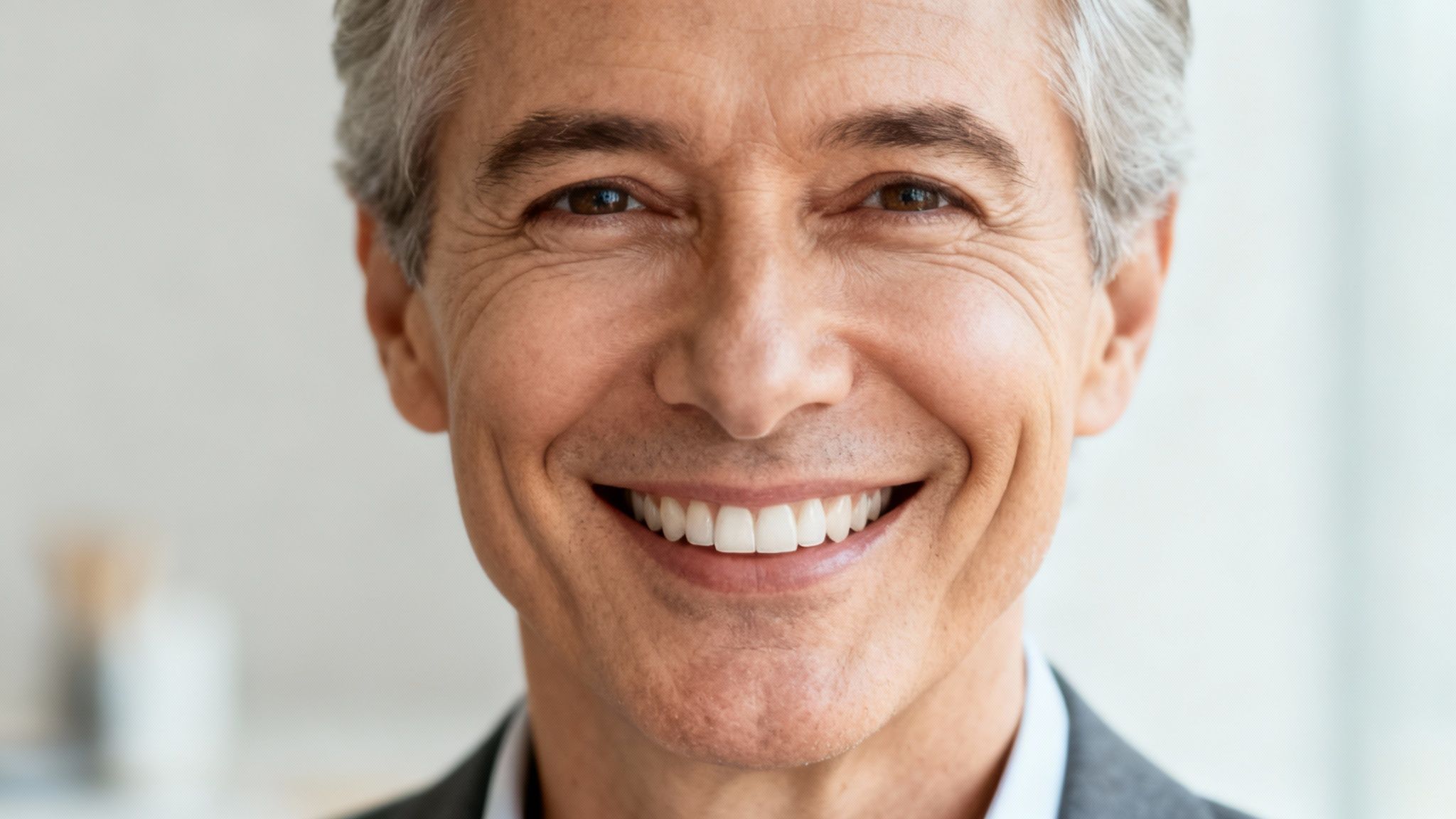 A close-up of a smiling, confident middle-aged man with bright white teeth.