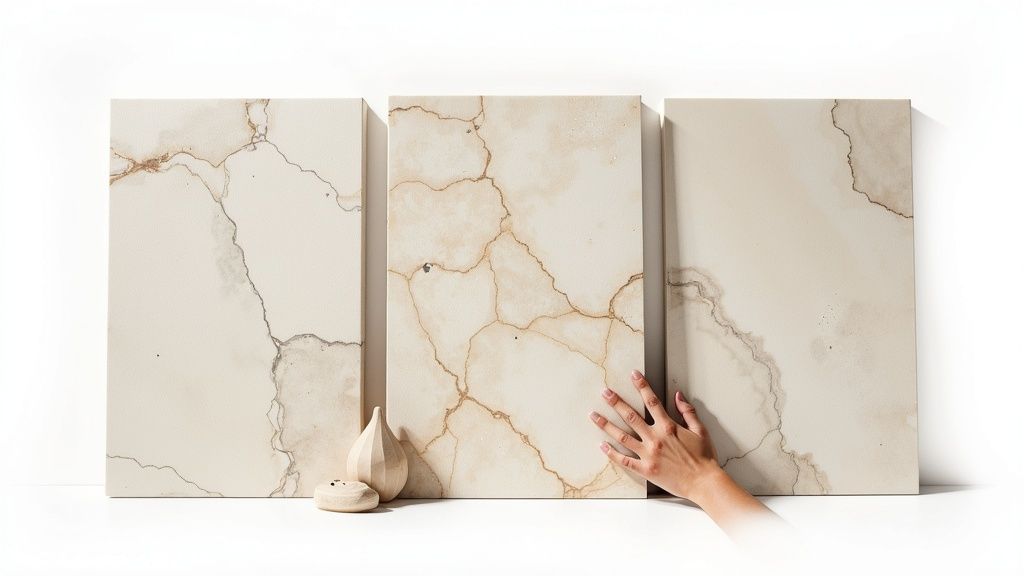 Three large natural stone panels with distinct veining patterns, one being touched by a hand.