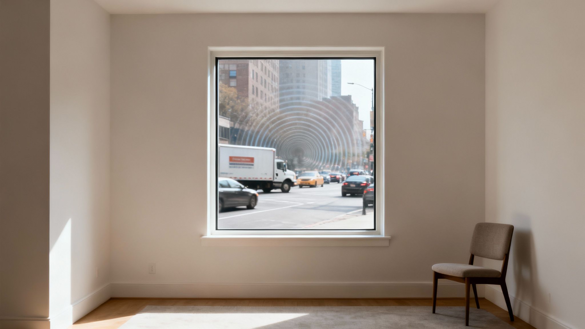 Ripples striking a window panel and causing vibrations inside a room