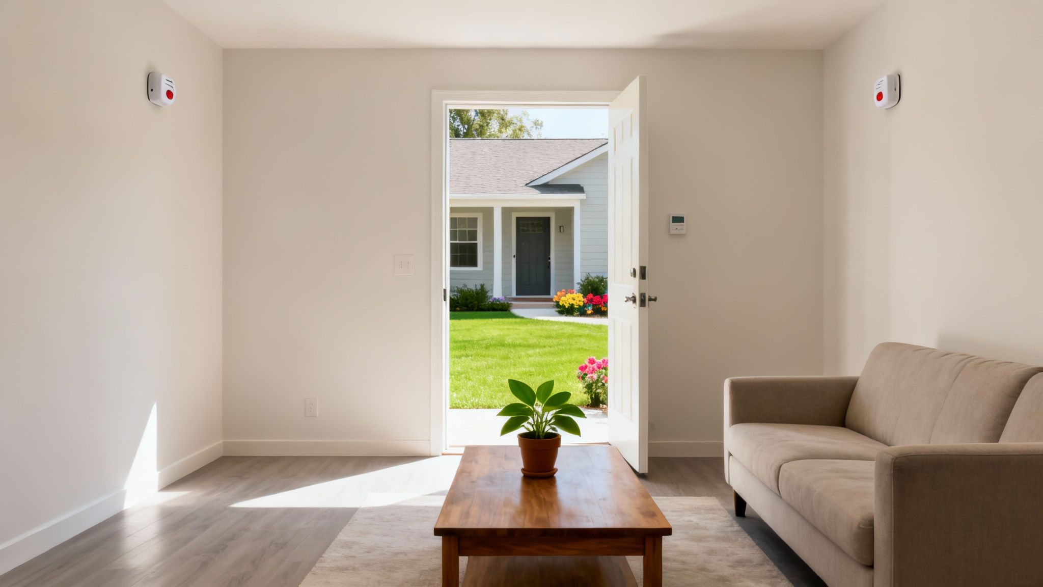 A modern living room with an open door looking out to a bright house exterior and green lawn.
