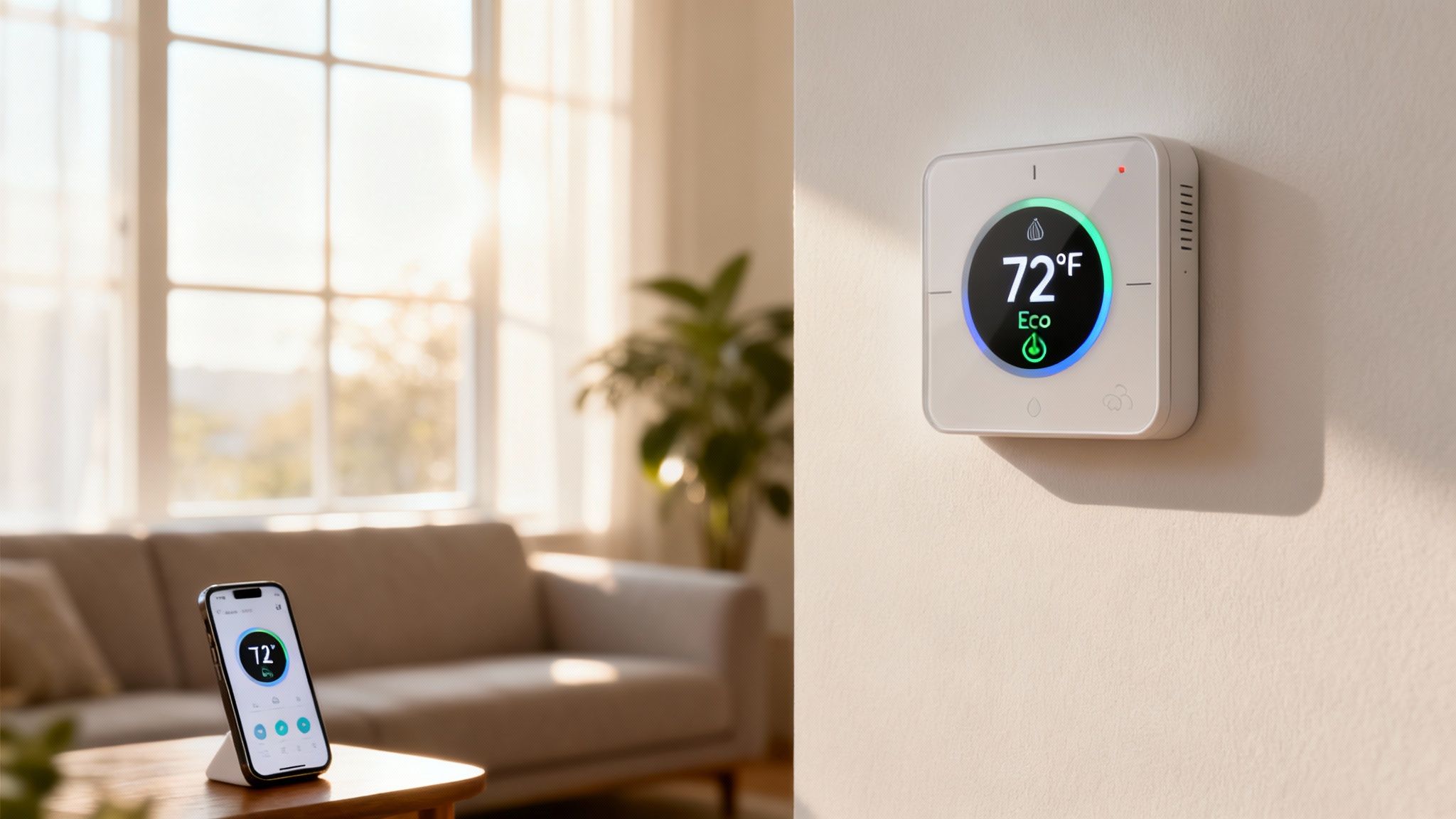 A smart thermostat displaying 72°F on a wall with a smartphone showing its interface on a table.