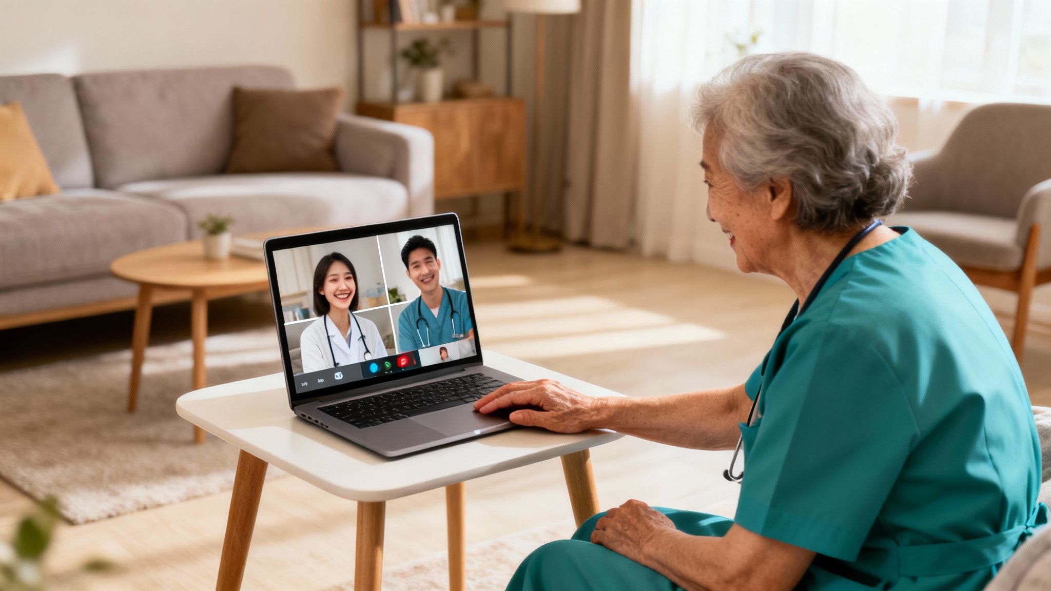Elderly female doctor on a video call with young medical professionals on a laptop in a living room.
