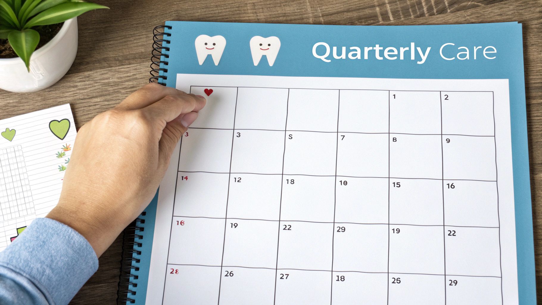 A hand places a red heart sticker on a 'Quarterly Care' dental appointment calendar.