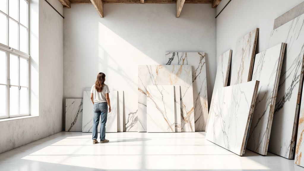 Woman looking at different large natural stone and marble slabs in a minimalist showroom.