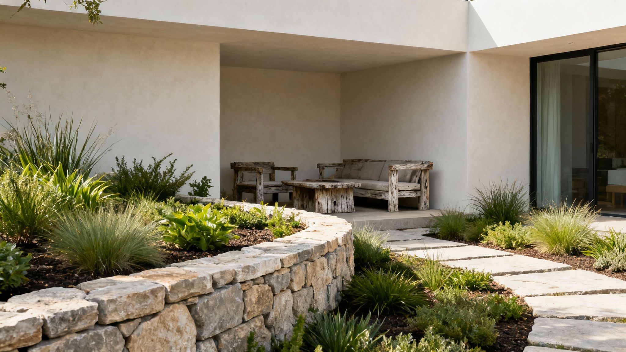 A modern outdoor patio with rustic wooden furniture, lush greenery, and a stone retaining wall.