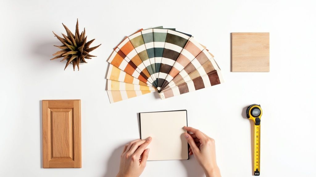 Flat lay of interior design elements: color swatches, wood samples, plant, and measuring tape.