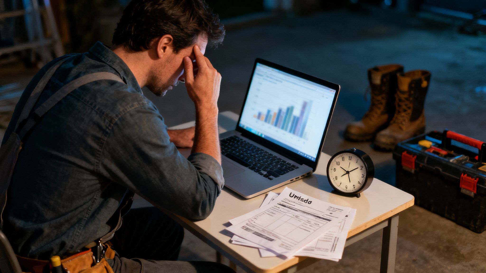 Stressed contractor working late on a laptop with financial charts and documents.