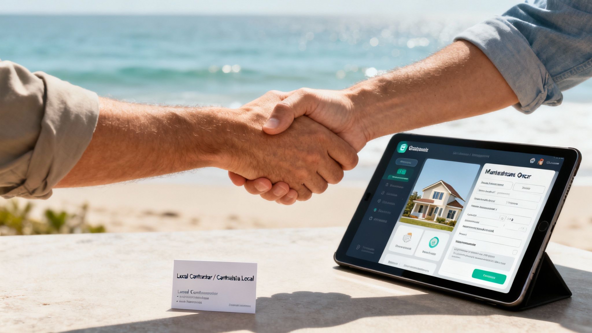 Professional handshake on a beach with a tablet displaying property management software, and a local contractor's business card.