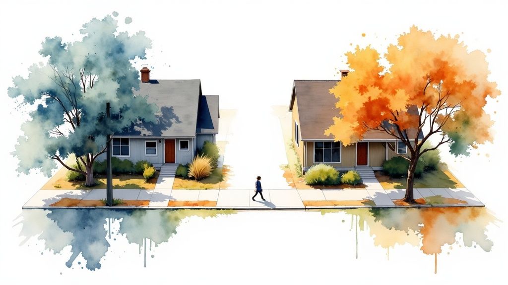 Watercolor illustration of two houses with contrasting blue and orange trees, a person walks between them.