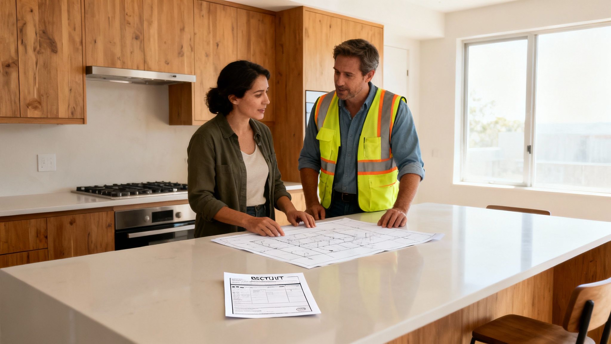 A woman and a man in a safety vest discussing blueprints in a modern kitchen.