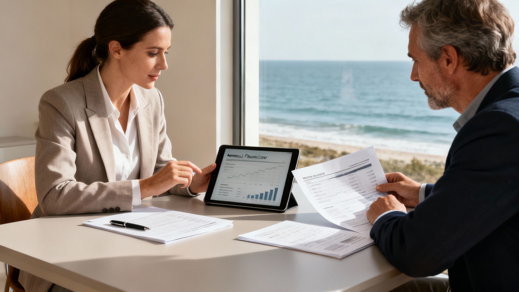 Business professionals analyze financial reports and data on a tablet by a scenic ocean window.