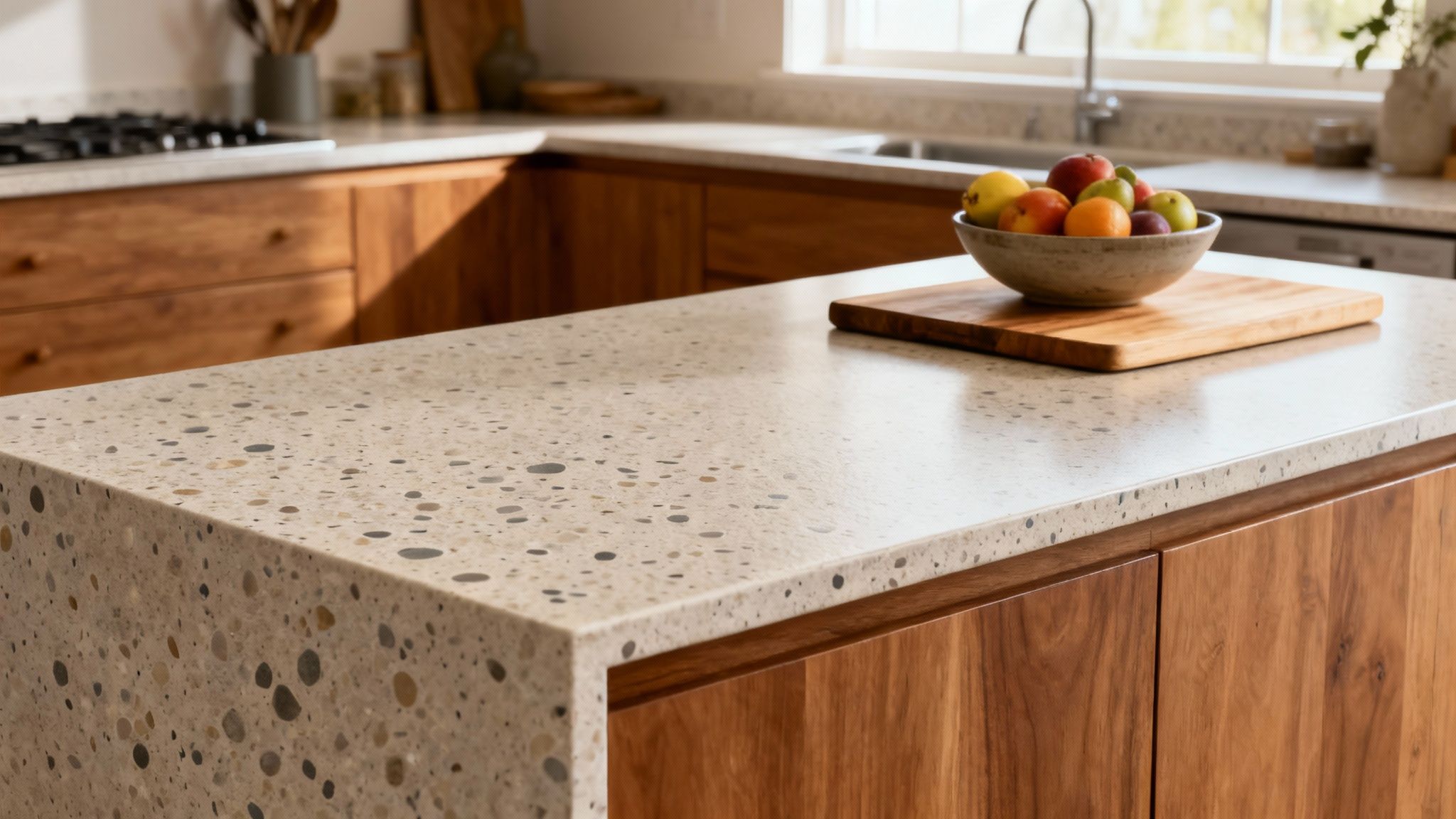 A kitchen with a dark, leathered granite island countertop showing its unique texture