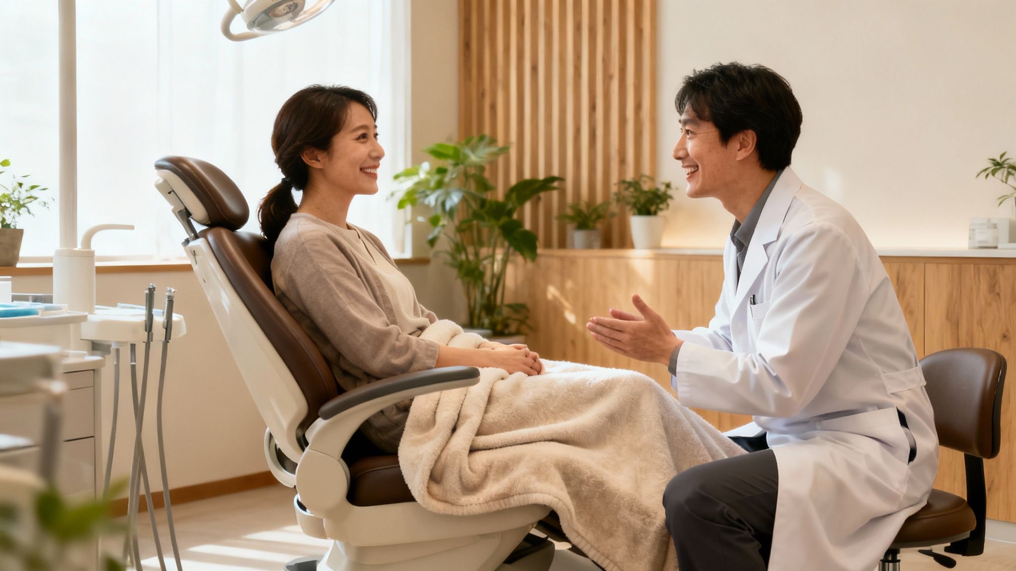 Smiling patient in a dental chair speaking with a friendly male dentist.