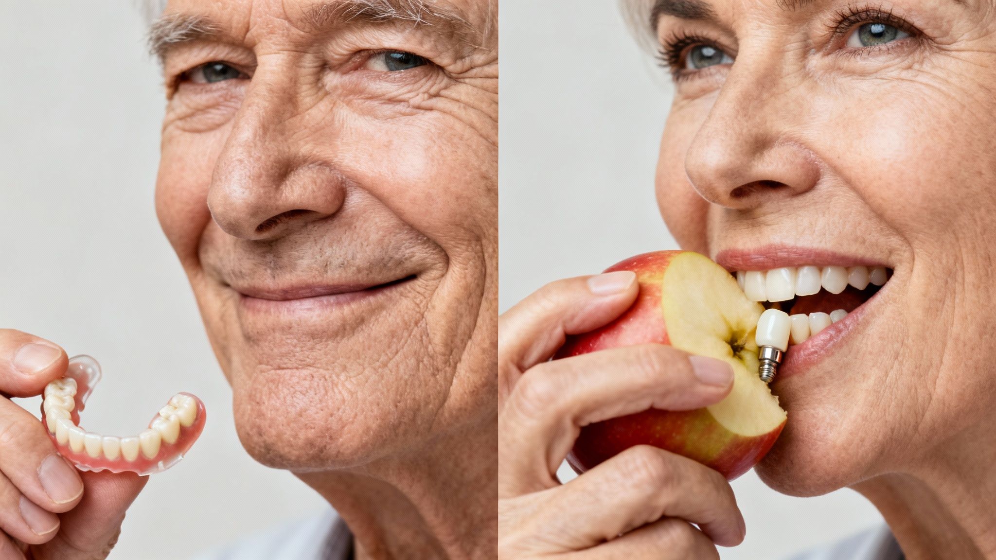 An older man confidently eating an apple, showcasing the strength and stability of his dental implants.