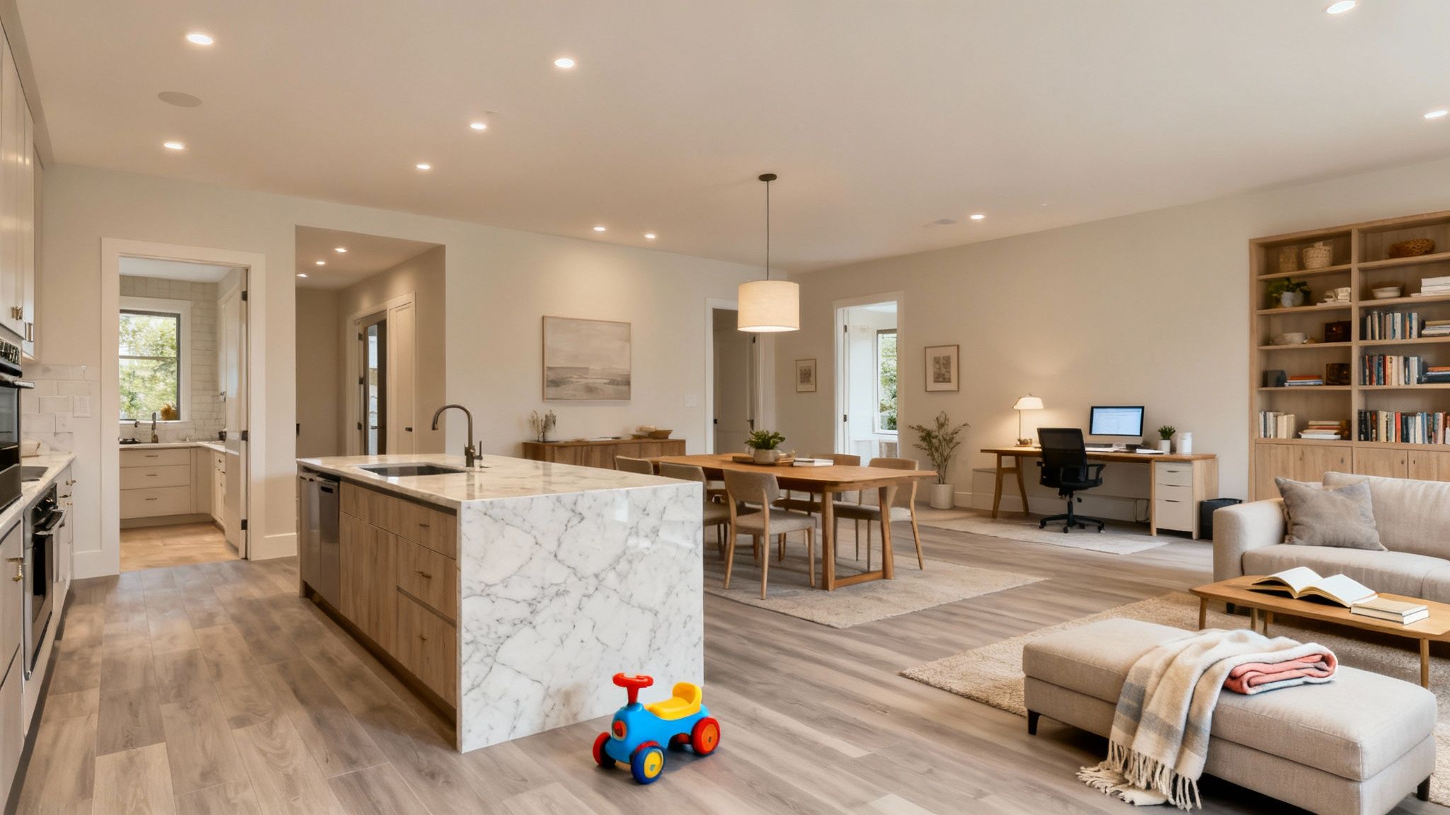 A bright, open-concept living space with zones for cooking, dining, and relaxing, featuring durable flooring and quartz countertops.