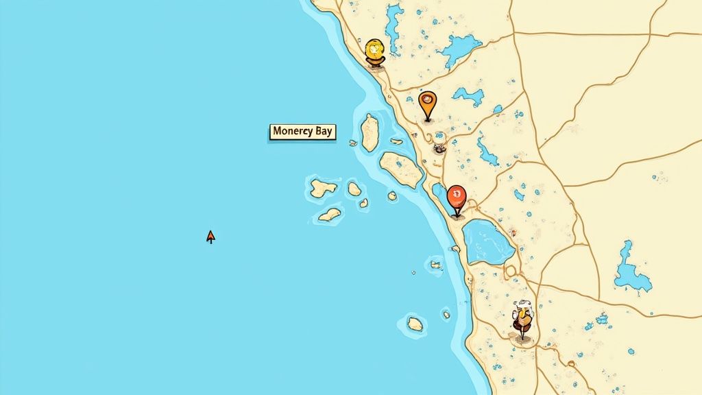 A picturesque view of the Monterey Bay coastline, symbolizing the local focus of voice search.