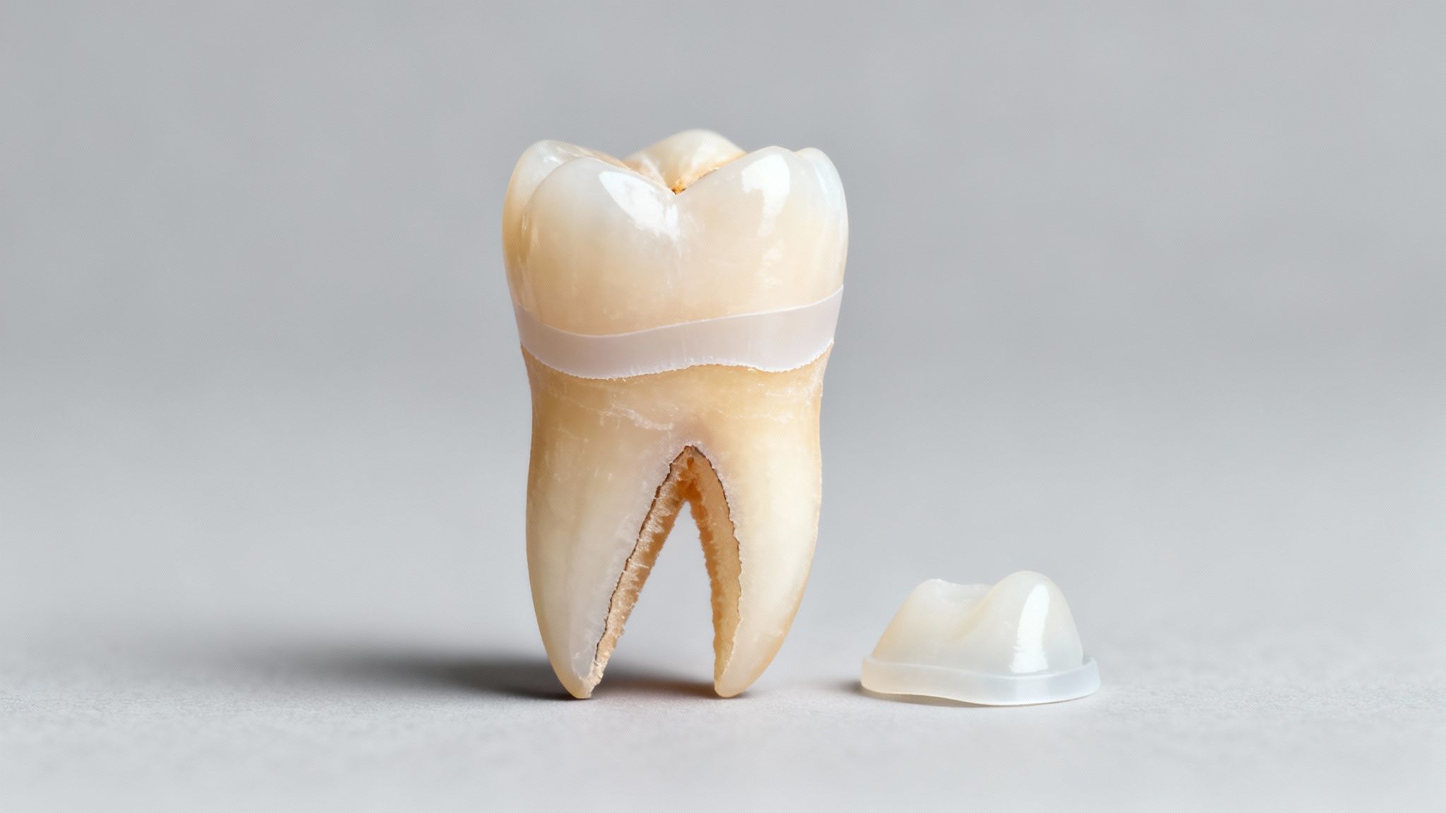 A detailed view of a human tooth showing its internal structure and a separate dental crown.