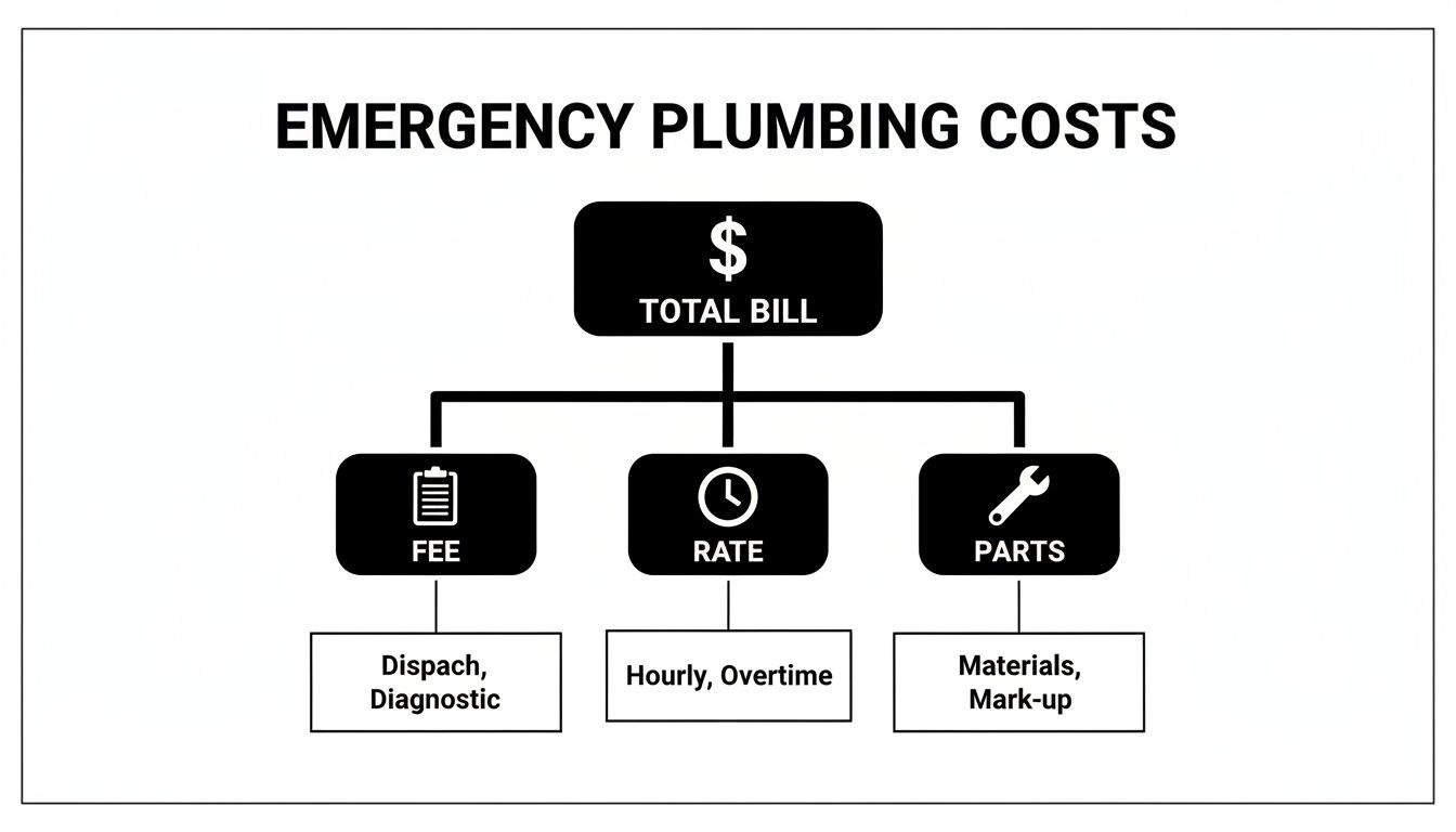 The Truth About Emergency Plumbing Costs Most Providers Don’t Explain 1 Flowchart illustrating emergency plumbing costs, detailing breakdown into fee, rate, and parts components.