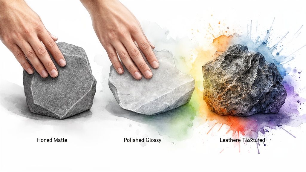 Three rock samples demonstrating different stone finishes: honed matte, polished glossy, and leathered textured, with hands.