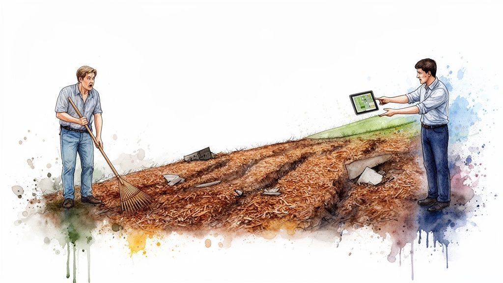 Two men illustrate landscape transformation: one raking debris, the other presenting a digital design.