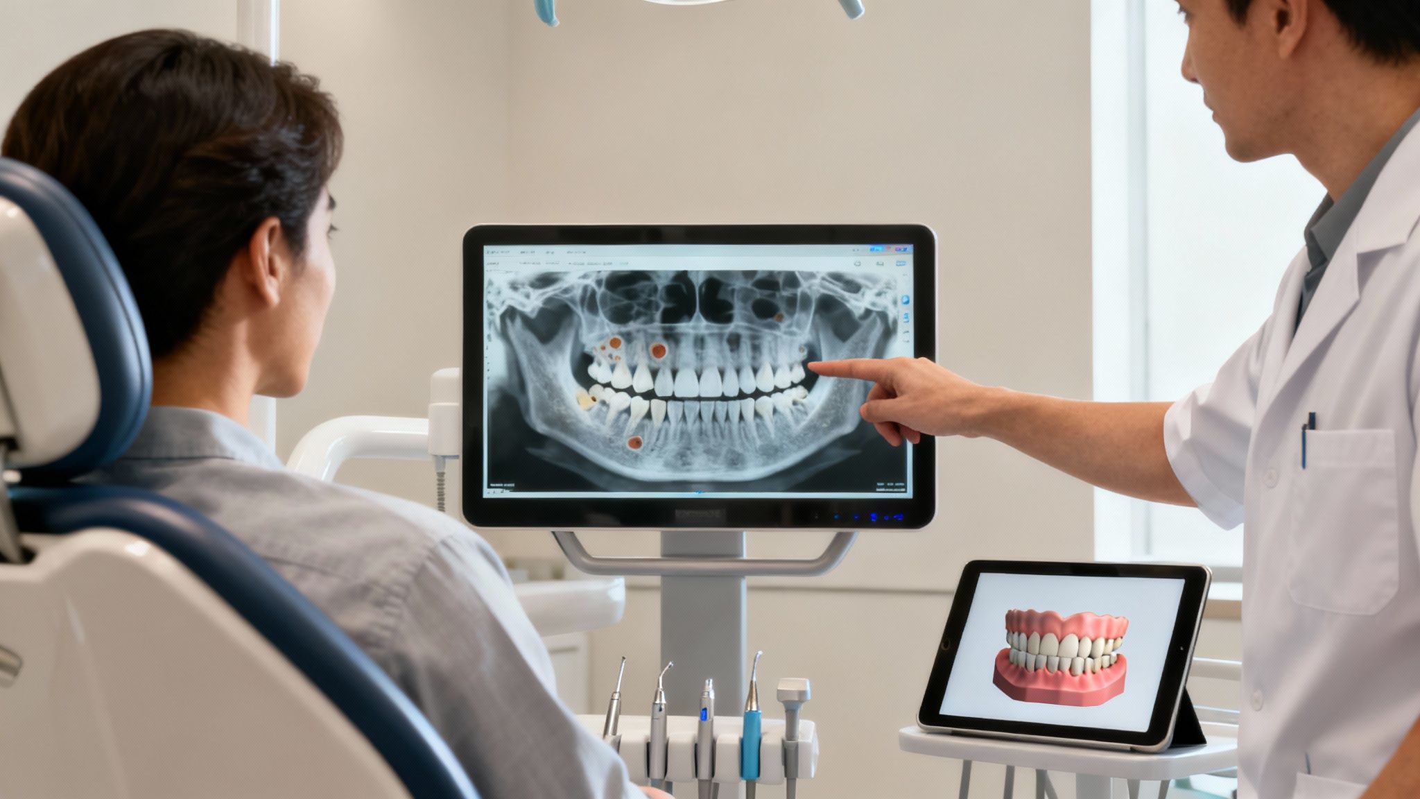 Dentist explaining panoramic dental X-ray on a monitor to a patient, with a 3D teeth model.