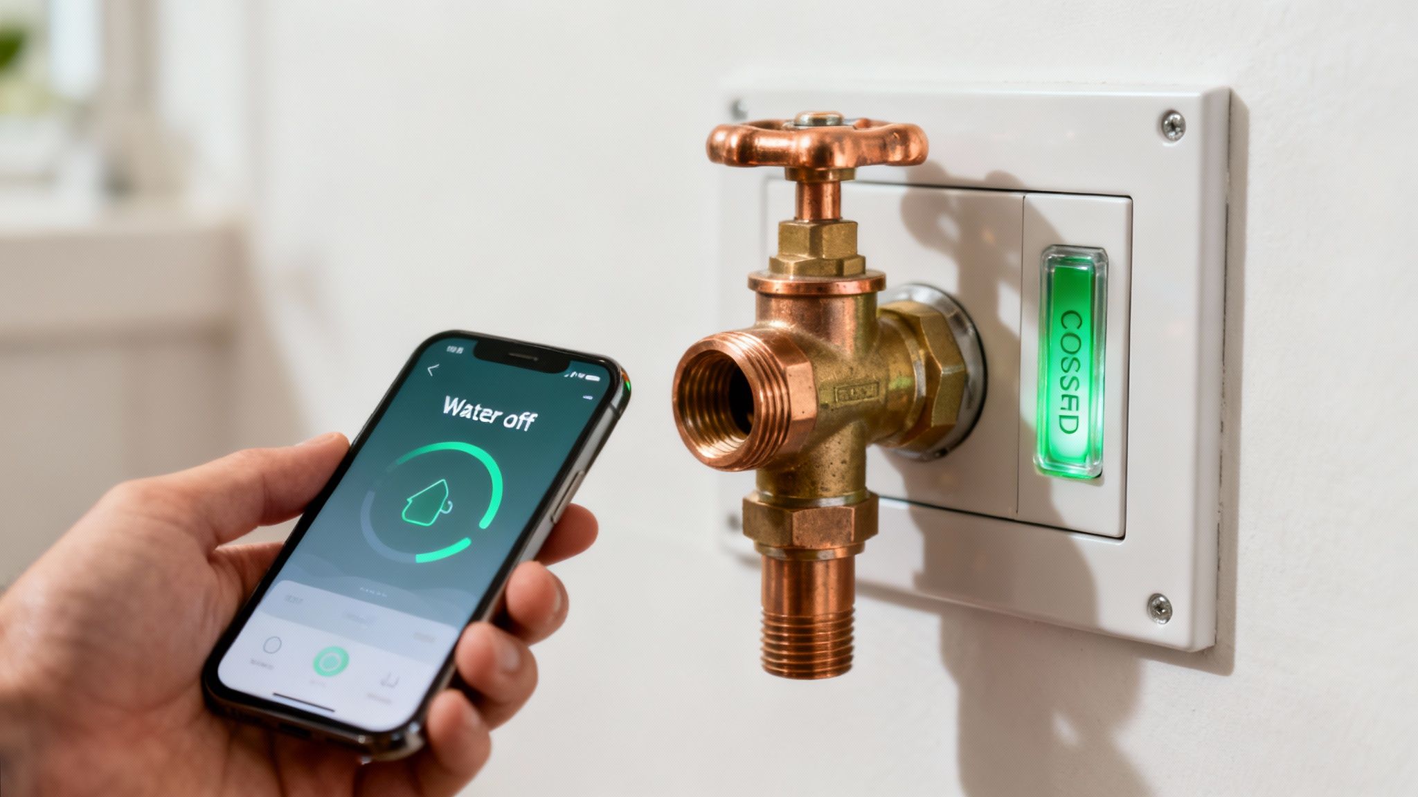 Smart plumbing device showing water usage data on a phone screen