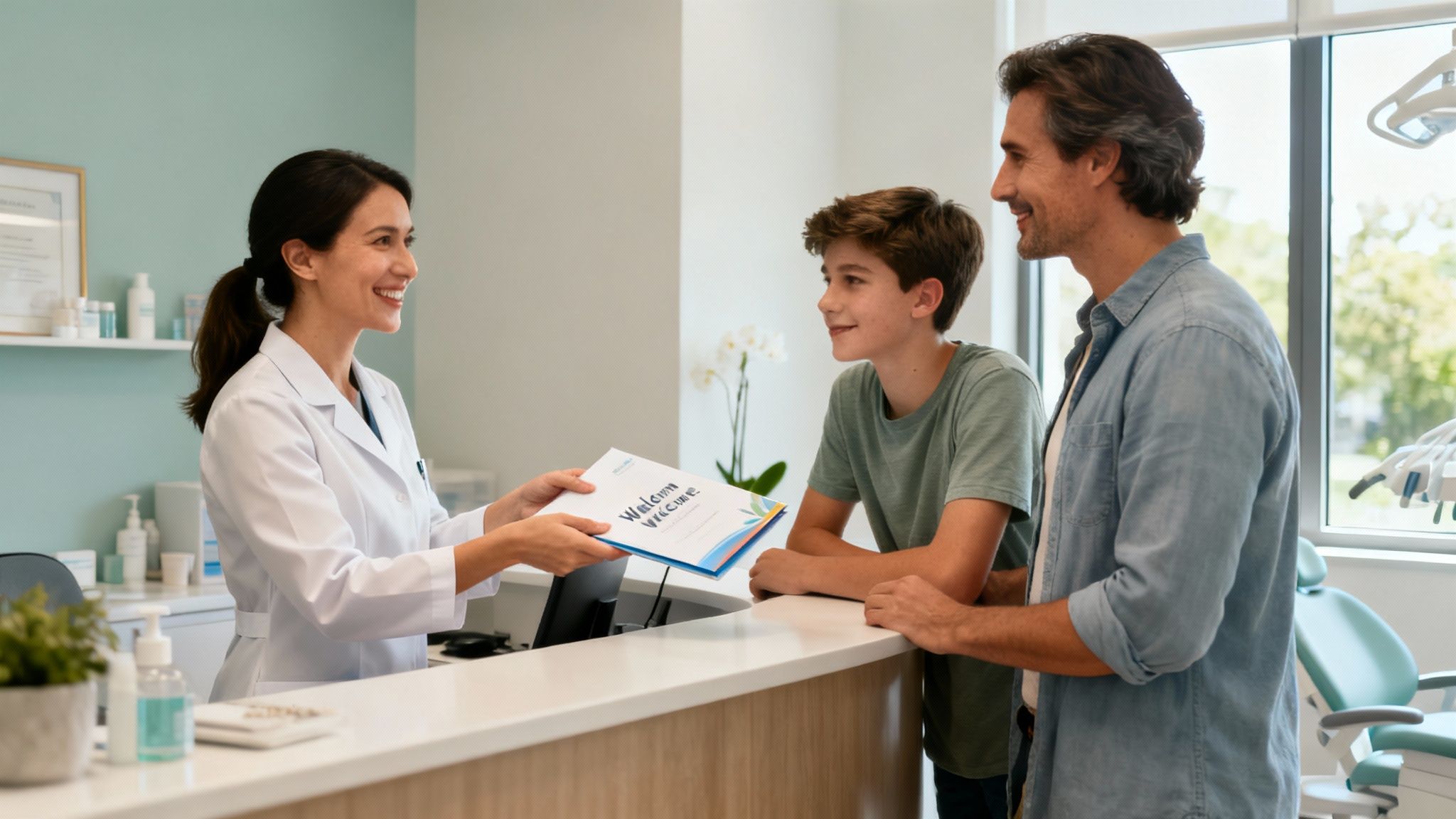 A friendly dental receptionist hands a welcome folder to a smiling father and son in a clinic.