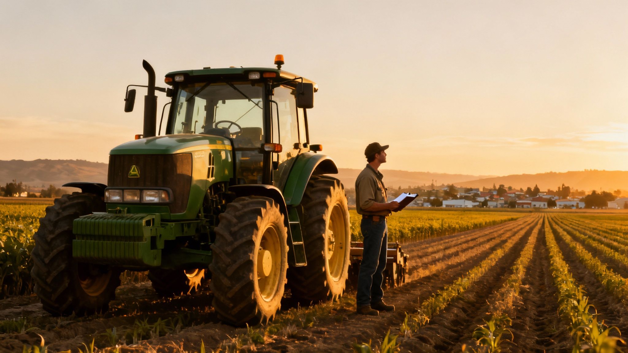 A farmer inspects his field of young crops at sunset, standing beside a large green tractor.